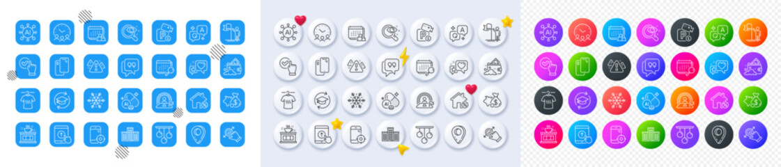 Air conditioning, Calendar and Checkbox line icons. Square, Gradient, Pin 3d buttons. AI, QA and map pin icons. Pack of Touchscreen gesture, Leadership, Seo phone icon. Vector