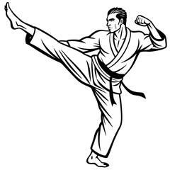 Cartoon illustration of a young karate fighter doing a powerful kick in a dynamic sports pose