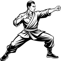 Black vector illustration of a man in a dynamic karate pose, perfect for martial arts or sports
