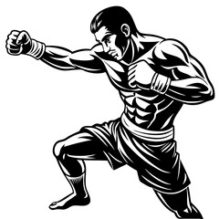 Dynamic vector illustration in black and white depicts a martial arts MuayThai fighter facing off against a shadowy figure wielding a bat