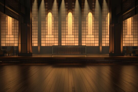 A Jazz Age Glamour themed night club stage in 3D, with soft spotlighting and golden hues that reminisce the roaring twenties elegance