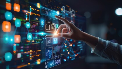 Businessman using marketing automation on digital screen for social media, customer journey, pricing