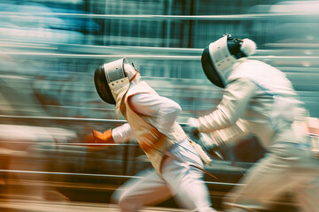 Two fencers in action, one chasing the other. The motion blur emphasizes the speed and intensity of the match. The fencing gear and dynamic movement highlight the sport's excitement.