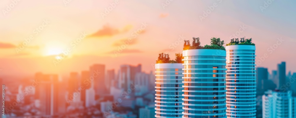 Sticker Modern Cityscape with Green Roofs at Sunset.