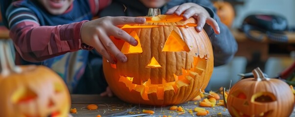 Children carving pumpkin for Halloween. Close-up of creative hands and festive jack-o'-lantern with smiling face. Fun autumn activity.