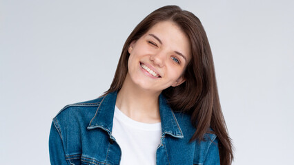 Portrait of attractive flirty cheerful girl winking good mood isolated over white background