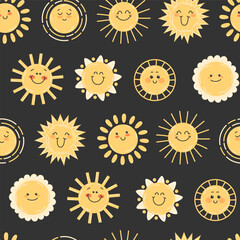 Childish seamless pattern with happy yellow sun smiling on dark background