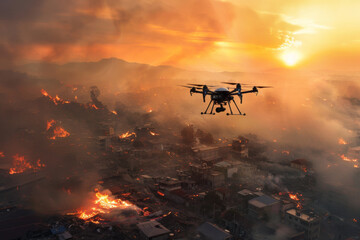 Hybrid drone used in search and rescue operations, showcasing advanced technology flying over a disaster area, highlighting its critical role in emergency response and disaster relief efforts.