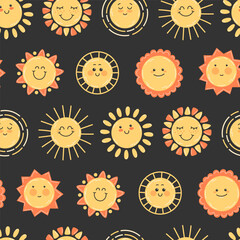 Childish seamless pattern with happy yellow sun smiling on dark background