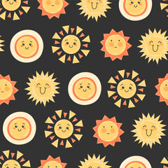 Childish seamless pattern with happy yellow sun smiling on dark background