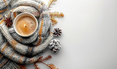 Naklejka premium cozy home desk table, plaid coffee cup candle on white background top view flat lay copy space autumn composition nordic hygge style concept.stock photo