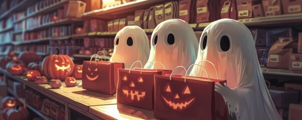Children in ghost costumes with pumpkin lanterns in a spooky Halloween store setting with decorations and treats.