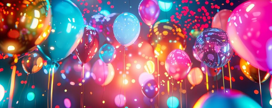 Hightech birthday party with LED balloons and holographic decorations, Scifi, Cool tones, Sharp focus, 3D illustration