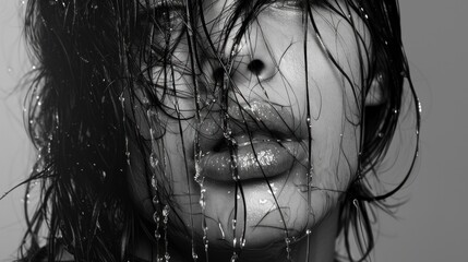 Fototapeta premium black and white portrait of a beautiful wet woman posing for the camera in a sexy way