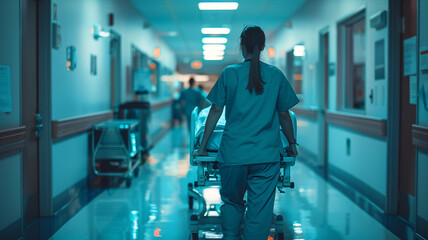 Hospital Corridor Scene with Nurse Pushing a Gurney Stretcher Bed, Navigating Through a Bustling Environment with Urgency and Care, Real Photography