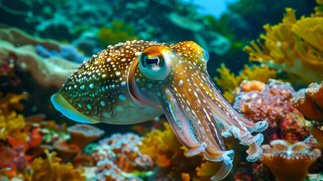 capture cuttle fish in coral reef on  ocean