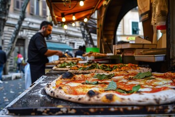 Freshly baked pizza at an italian food stand