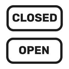 Open and closed sign on the door, glass, window. Door sign, shop, bar. Black sign on a white background. Vector