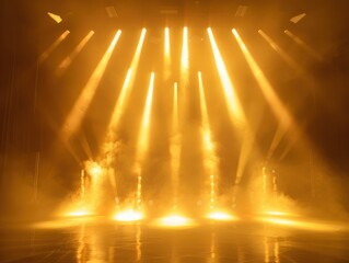 Stage light background with white and yellow spotlight illuminated the stage with smoke. Empty...