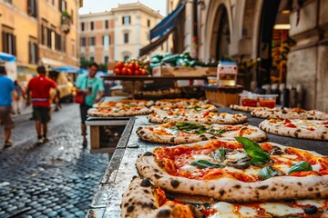 Freshly baked pizza slices at a busy italian market