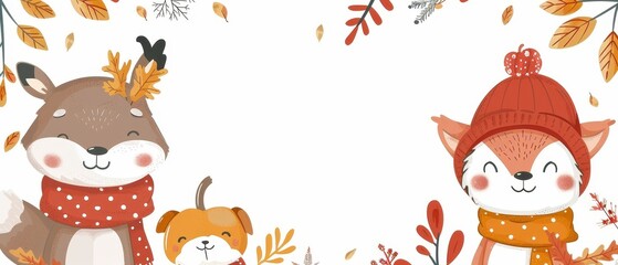 Naklejka premium Adorable autumn-themed illustration of foxes and a deer with colorful leaves and acorns, perfect for seasonal greeting cards.