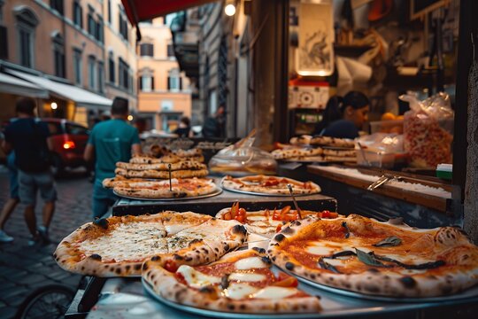 Delicious pizza slices on display in a rome street food market