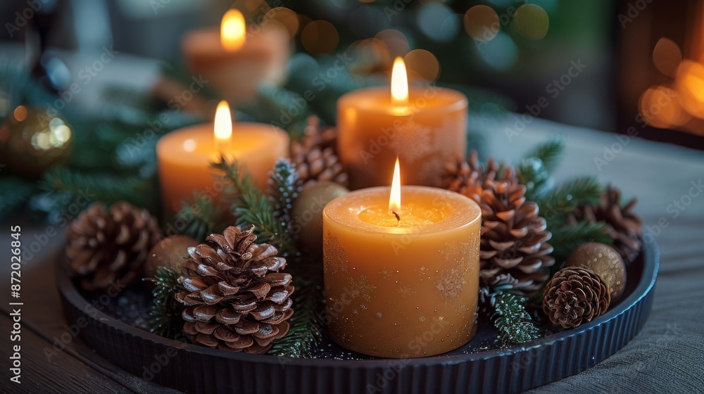 Poster create a festive display on your coffee table with a tray filled with candles, pine cones, and small