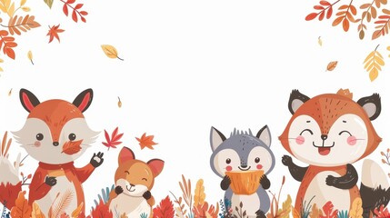 Fototapeta premium Cute cartoon woodland animals in an autumn forest with colorful leaves. Perfect for children's illustrations or seasonal designs.