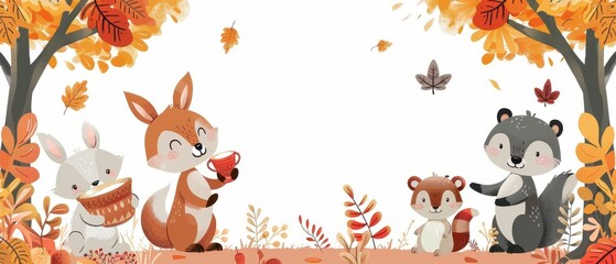 Fototapeta premium Cute woodland animals in autumn forest setting with colorful leaves and natural scenery, perfect for seasonal or children's projects.