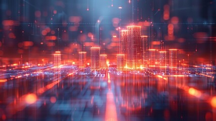 Fototapeta premium Abstract digital cityscape with a futuristic neon glow, showcasing a vibrant city skyline and dynamic technology elements.
