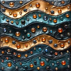 Abstract metallic and gemstone textured background with wavy patterns and colorful spherical decorative elements.