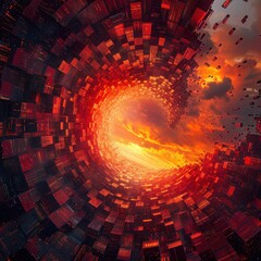 Obraz premium Abstract digital vortex with glowing sunset in the center, radiant reds and oranges creating dynamic energy and futuristic ambience.