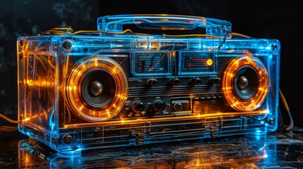 Create a neon light representation of a retro boombox, channeling the spirit of the 80s with its bright lights and