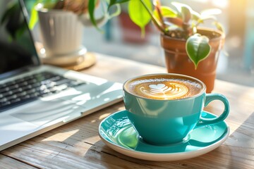A turquoise cup of coffee with latte art on a wooden table next to a laptop and a potted plant, bathed in warm sunlight.