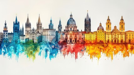 Obraz premium Colorful cityscape skyline with various buildings and a watercolor effect.