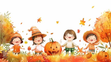 Happy children celebrating autumn with pumpkins and colorful leaves. Perfect for seasonal, fall, and festive themes.