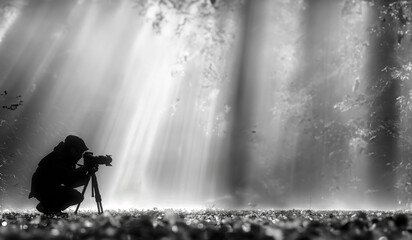A dynamic silhouette of a photographer kneeling and taking a shot, with the camera lens prominently featured