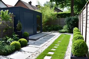 Fototapeta premium A modern garden with a small, dark blue wooden shed and light grey wooden flooring.