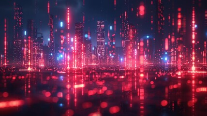 Futuristic digital cityscape illuminated with vibrant red and blue neon lights, representing advanced technology and cyber scenarios.