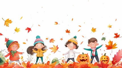 Fototapeta premium Illustration of children playing with autumn leaves and pumpkins, celebrating the fall season with joy and laughter.