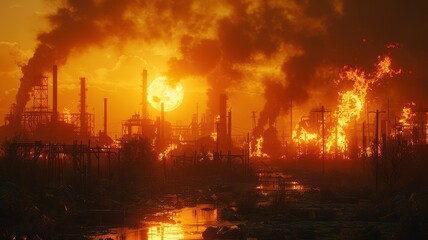 Fototapeta premium Industrial landscape with smoke and fire, depicting pollution and environmental crisis during sunset.