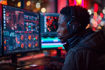 Obraz premium Man Playing Video Game On Computer At Night With Headphones