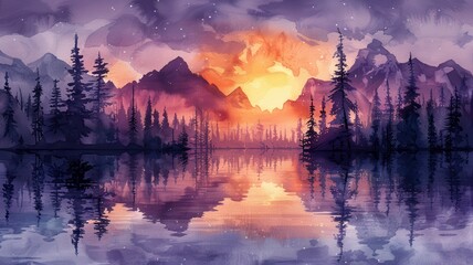 Stunning watercolor painting of a serene mountain lake at sunset, capturing the vibrant colors and peaceful nature scene.