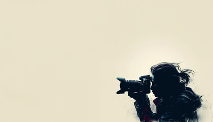 A minimalist vector silhouette of a photographer in profile, aiming a camera towards the viewer