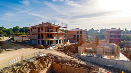 Wooden framework house under construction in progress