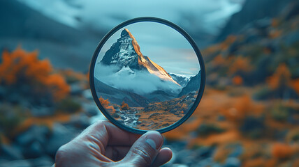 A person holding a camera lens filter in front of a stunning mountain landscape, with the view through the filter showing a crystal-clear close-up of a distant peak