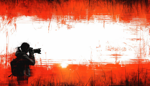 A minimalist vector silhouette of a photographer in profile, aiming a camera towards the viewer