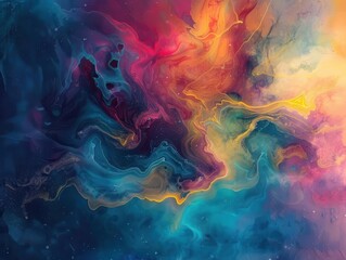 Fototapeta premium abstract fluid art background with swirling organic shapes in vibrant jewel tones resembling cosmic nebulae or underwater landscapes