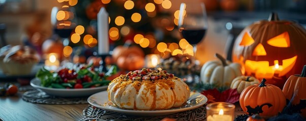 Festive Halloween dinner table adorned with pumpkins, lit candles, and a delicious spread of food in a cozy autumn ambiance.