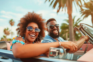 Happy african couple driving convertible car enjoying summer vacation